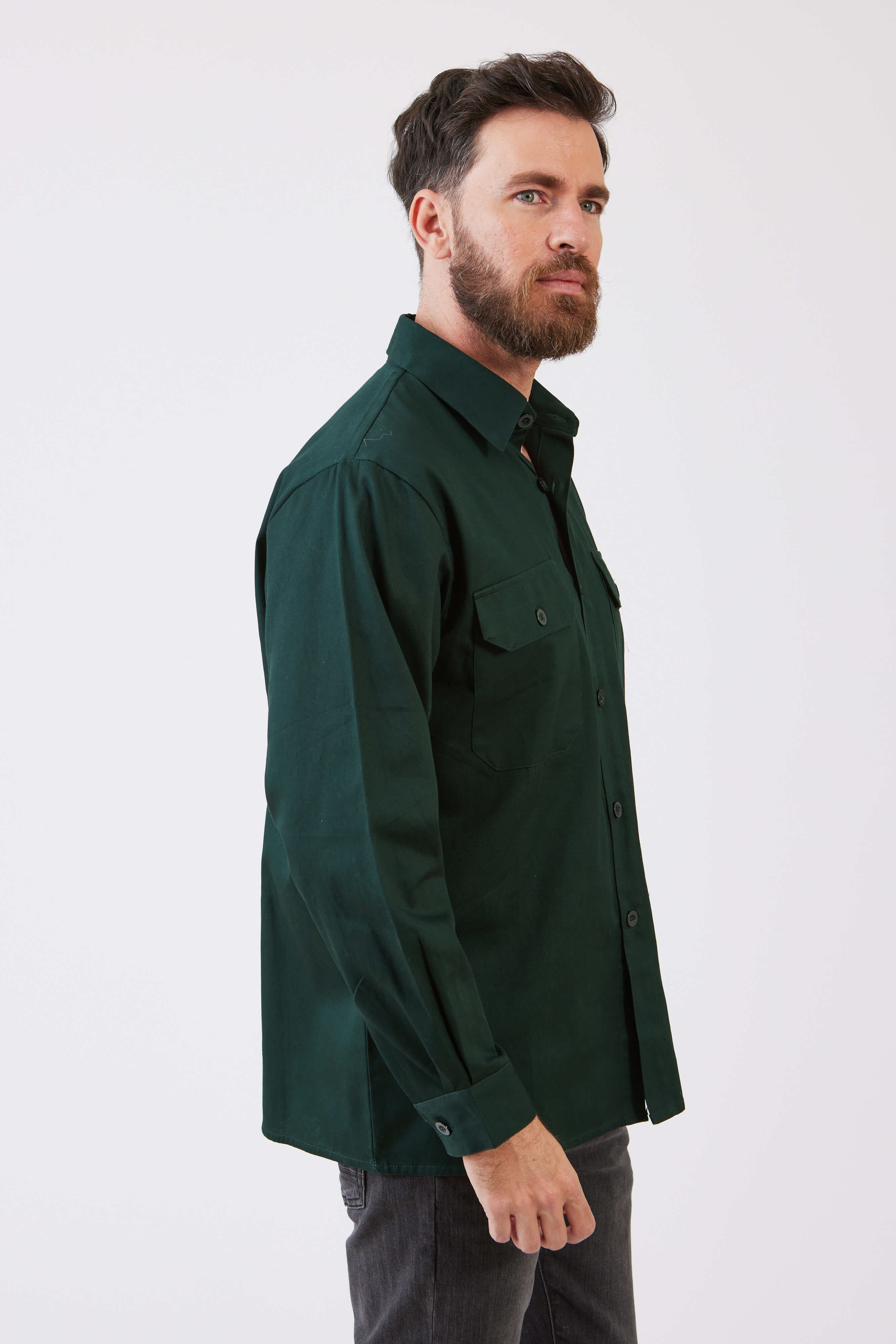 חולצת עבודה כותנה שרוול ארוך - ירוק בקבוק WORKER