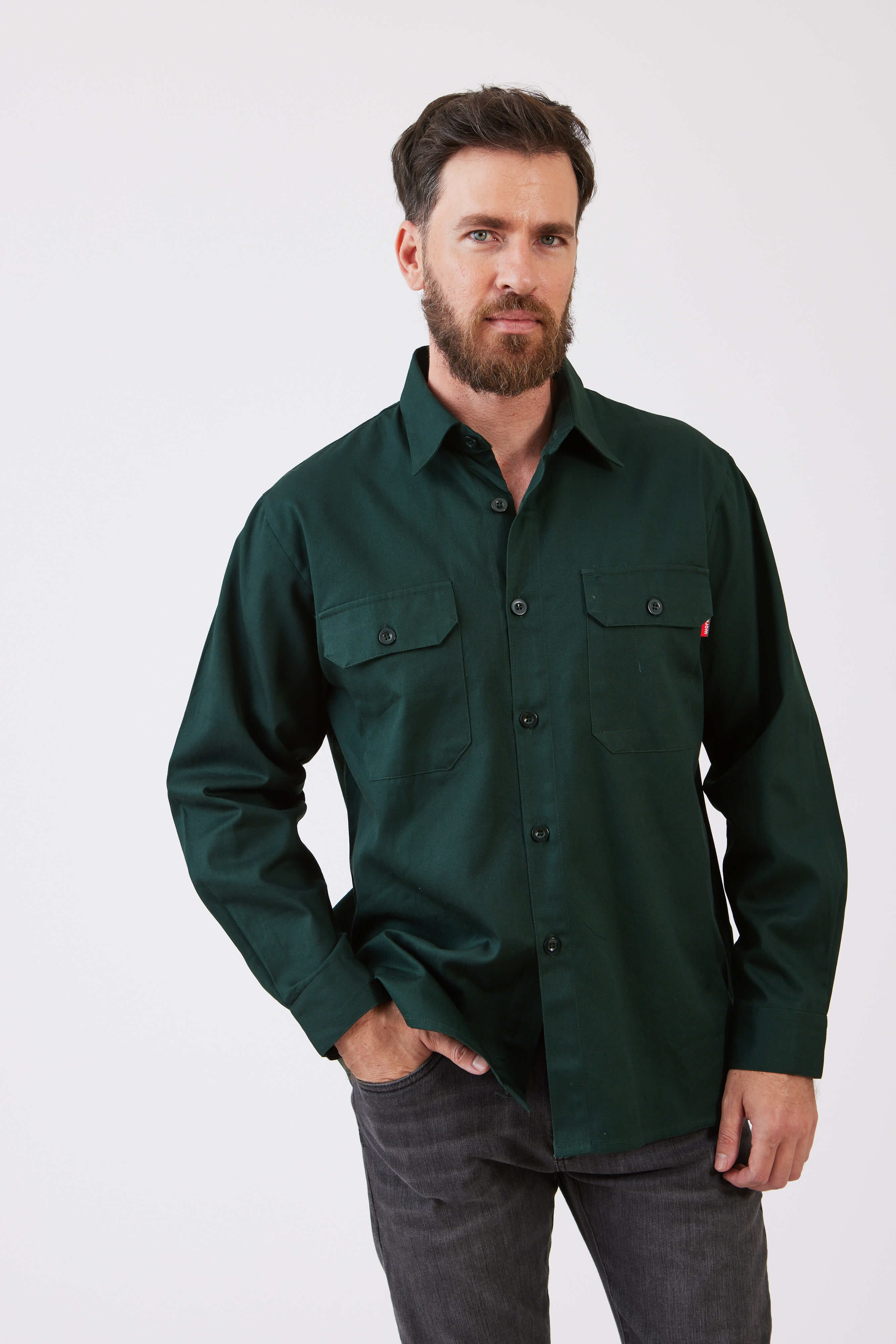 חולצת עבודה כותנה שרוול ארוך - ירוק בקבוק WORKER