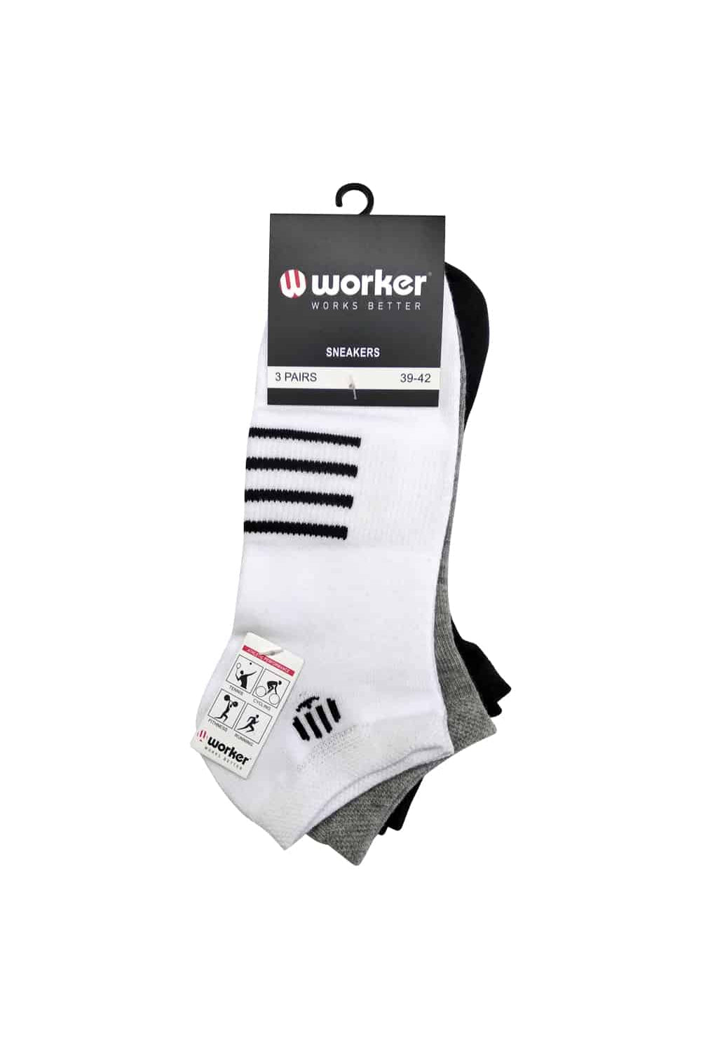 מארז 3 גרבי סניקרס 39-42 - שחור/לבן/אפור WORKER