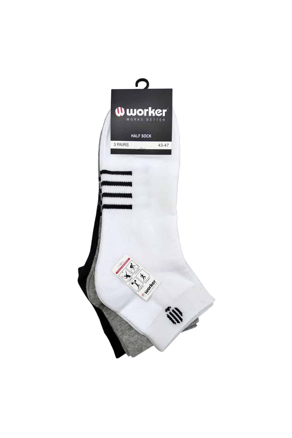 מארז 3 גרבי חצי 43-47 - שחור/לבן/אפור WORKER