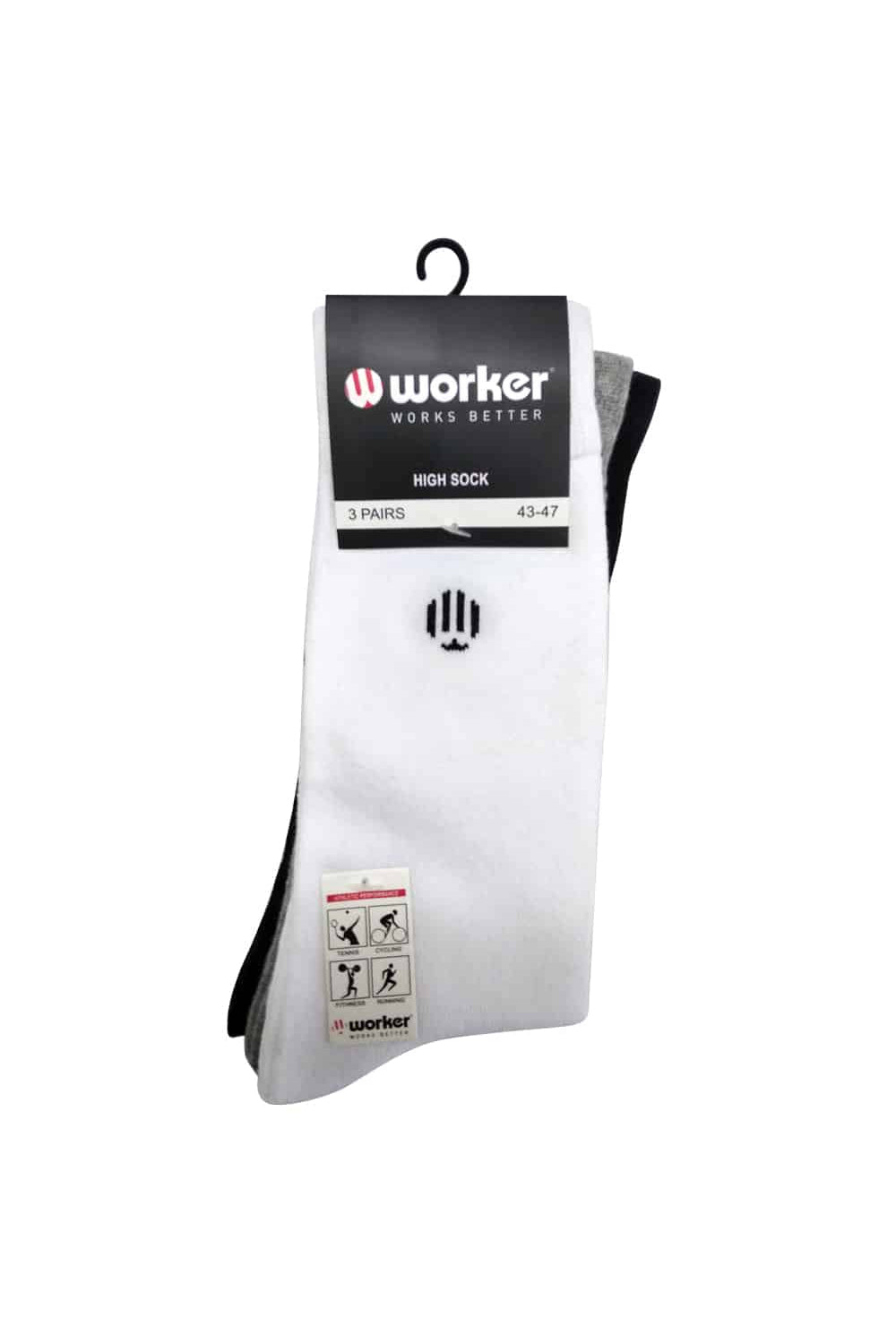 מארז 3 גרביים גבוהות 42-39 - שחור/לבן/אפור WORKER