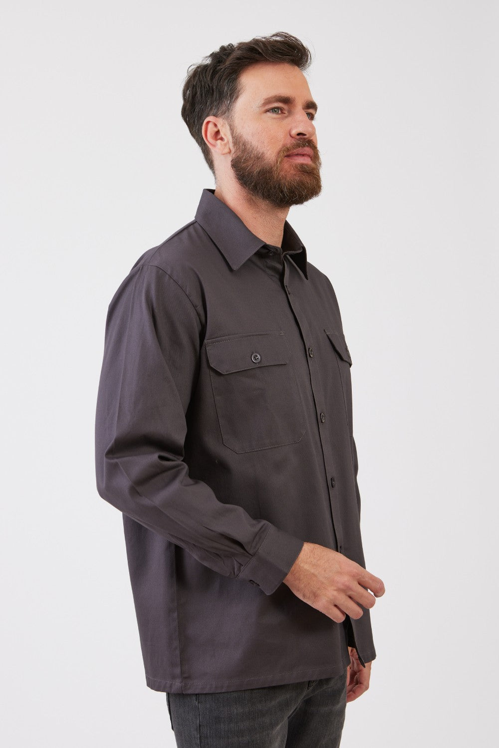 חולצת עבודה כותנה שרוול ארוך - אפור עכבר WORKER