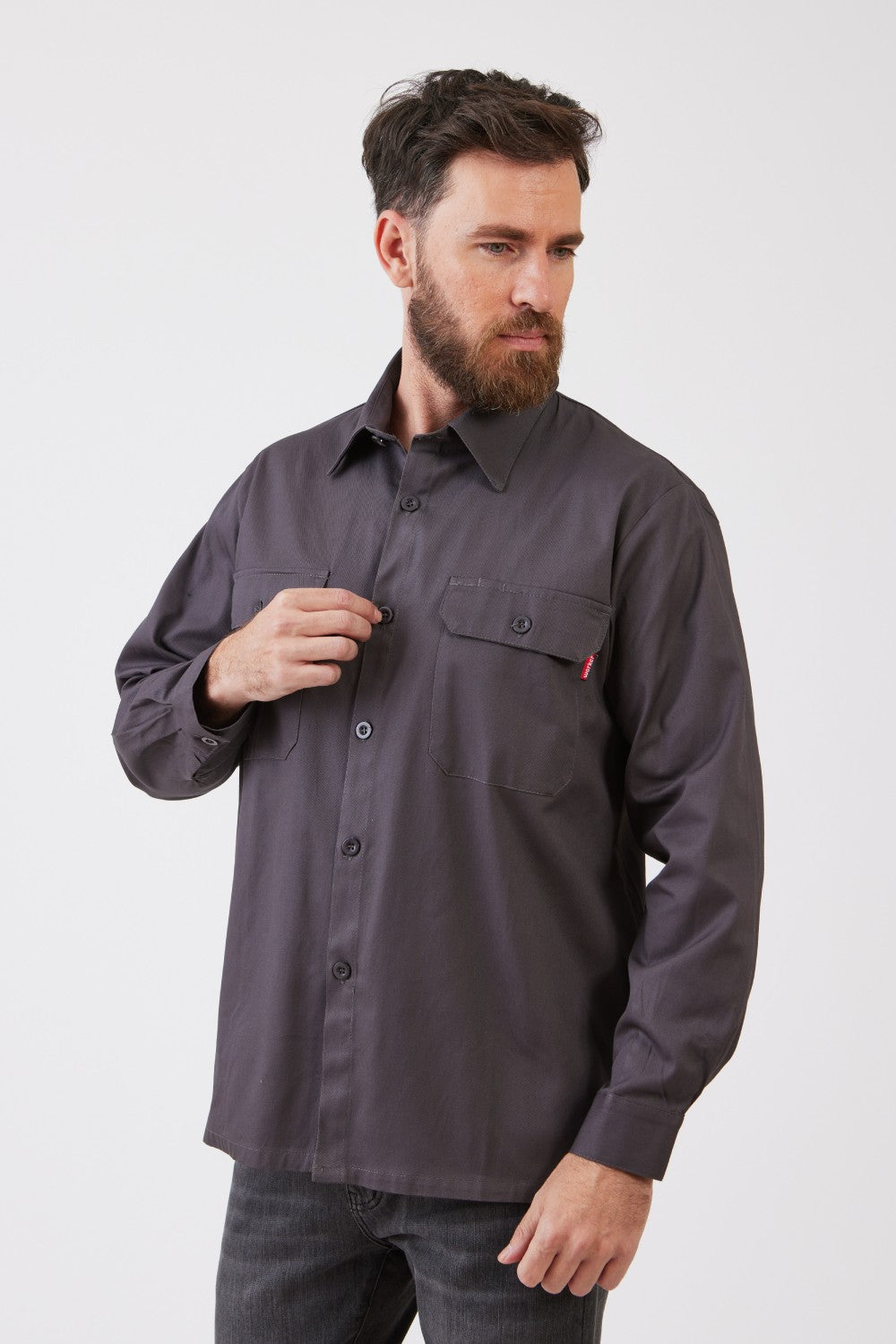 חולצת עבודה כותנה שרוול ארוך - אפור עכבר WORKER