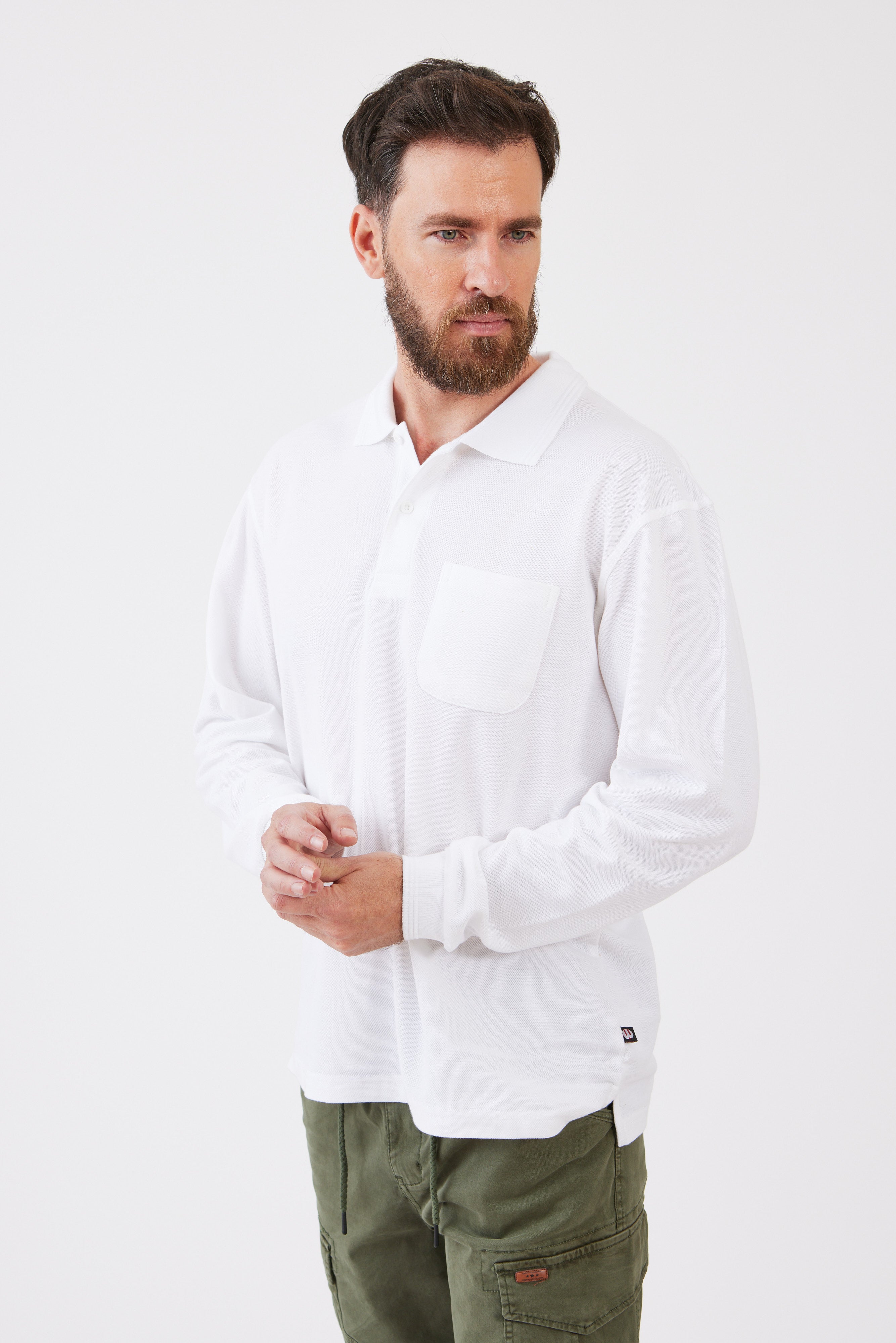 חולצת פולו שרוול ארוך עם כיס מידות גדולות - לבן WORKER