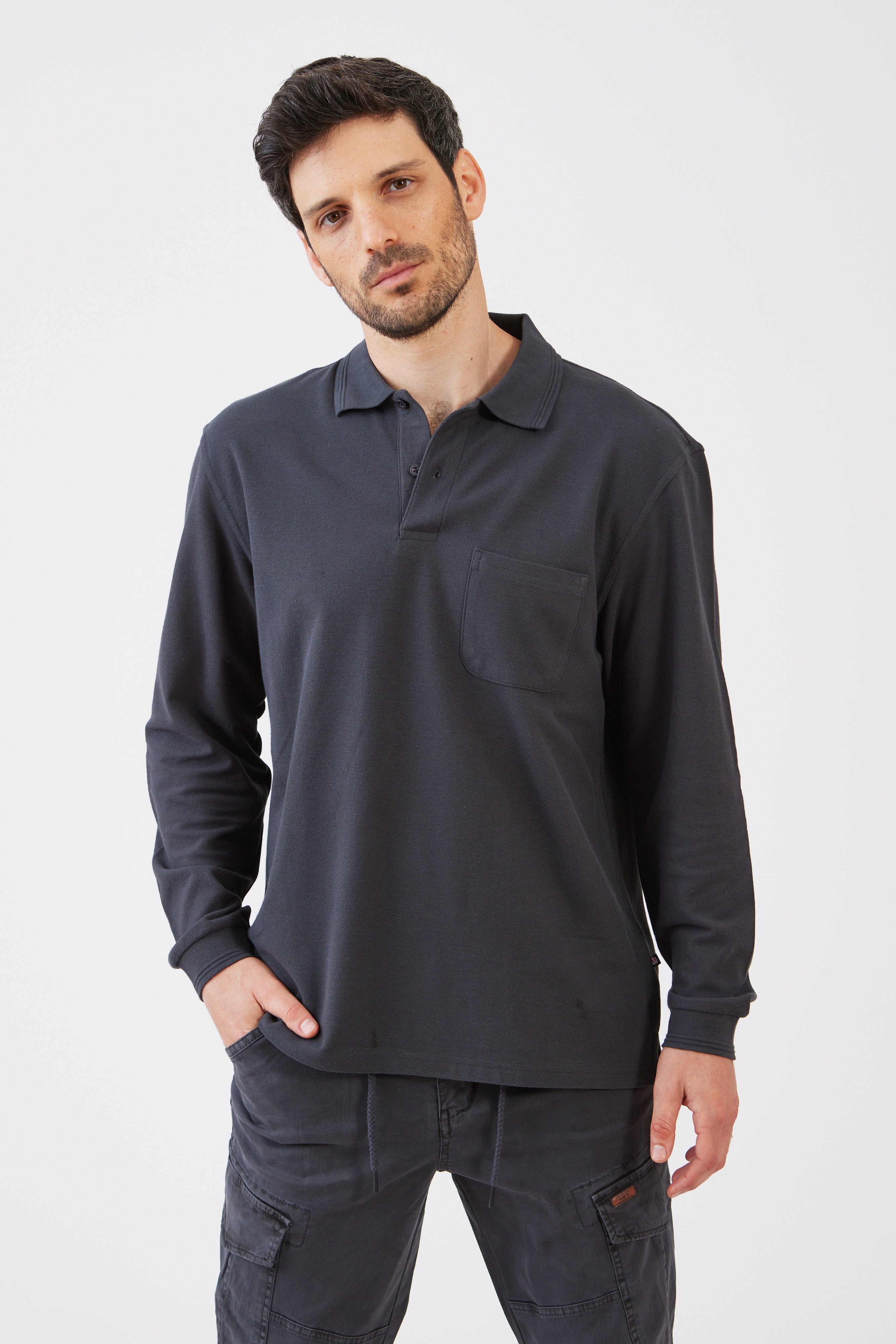 חולצת פולו שרוול ארוך עם כיס - אפור עכבר WORKER