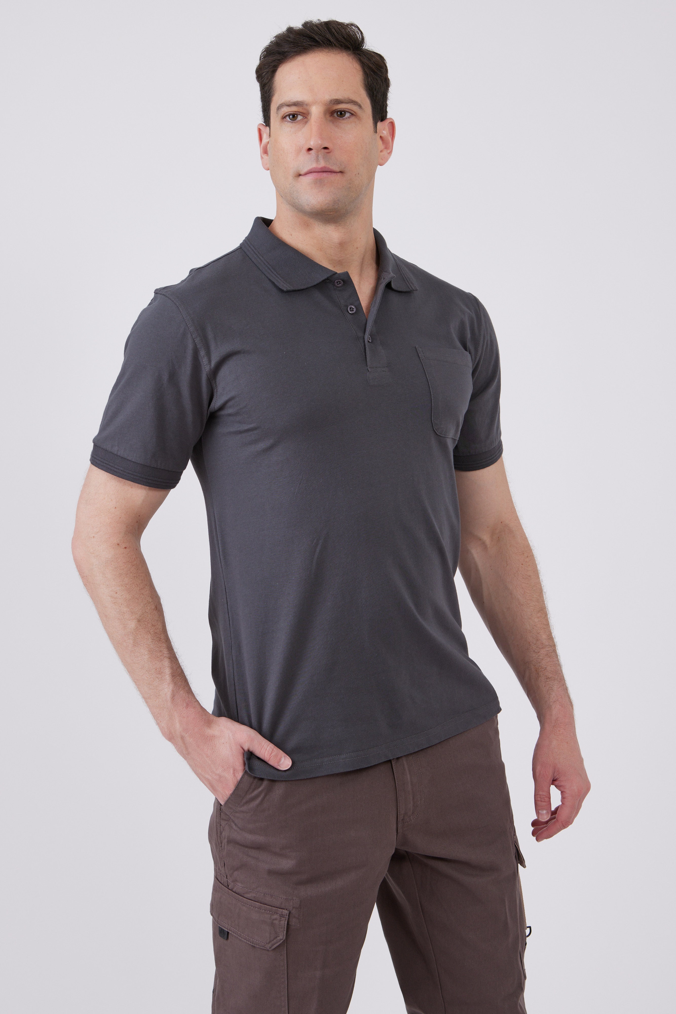 חולצת פולו כותנה עם כיס - אפור WORKER