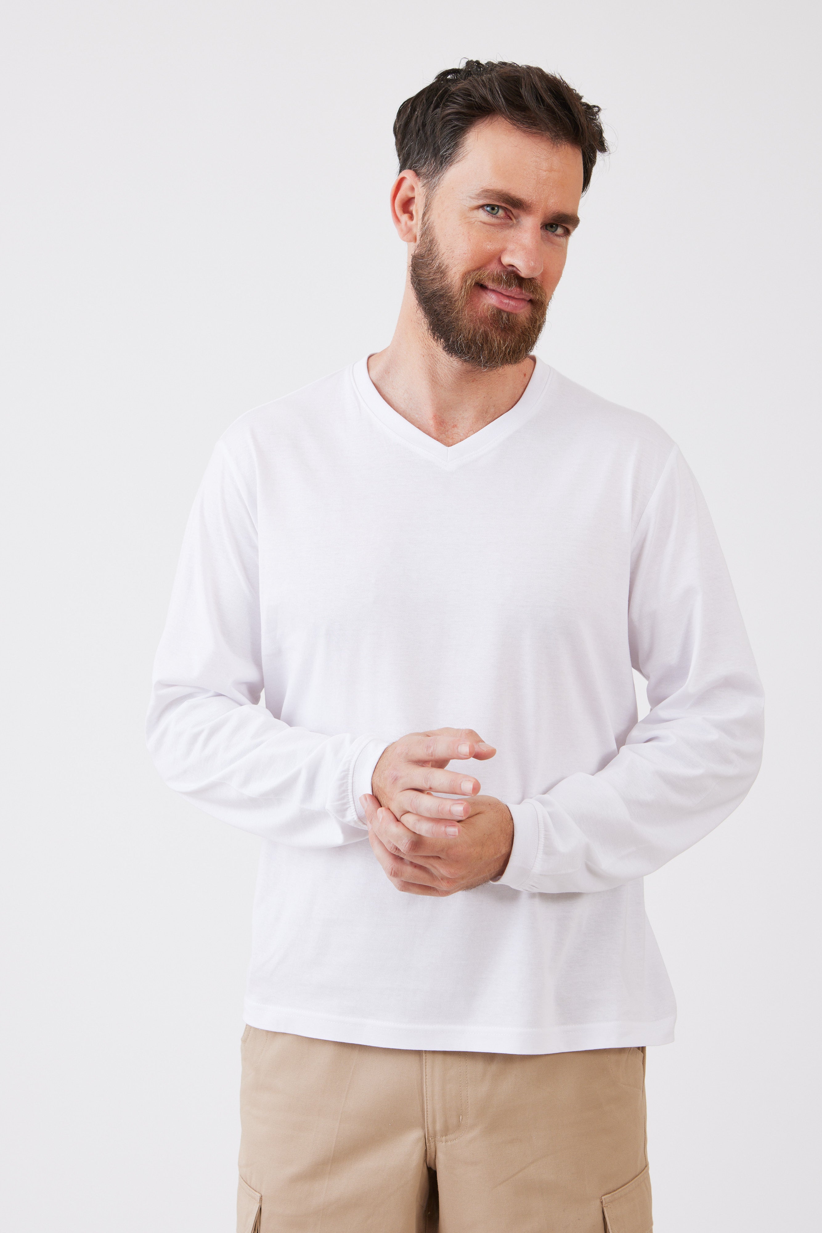 טישירט צווארון V שרוול ארוך - לבן WORKER