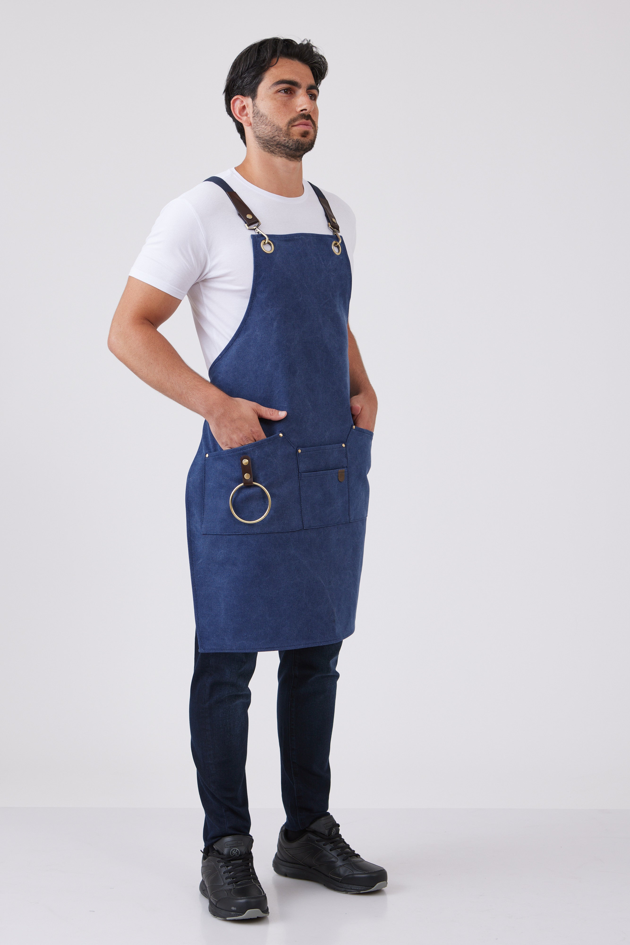 סינר קנבס שלם עם רצועות קשירה - כחול כהה WORKER