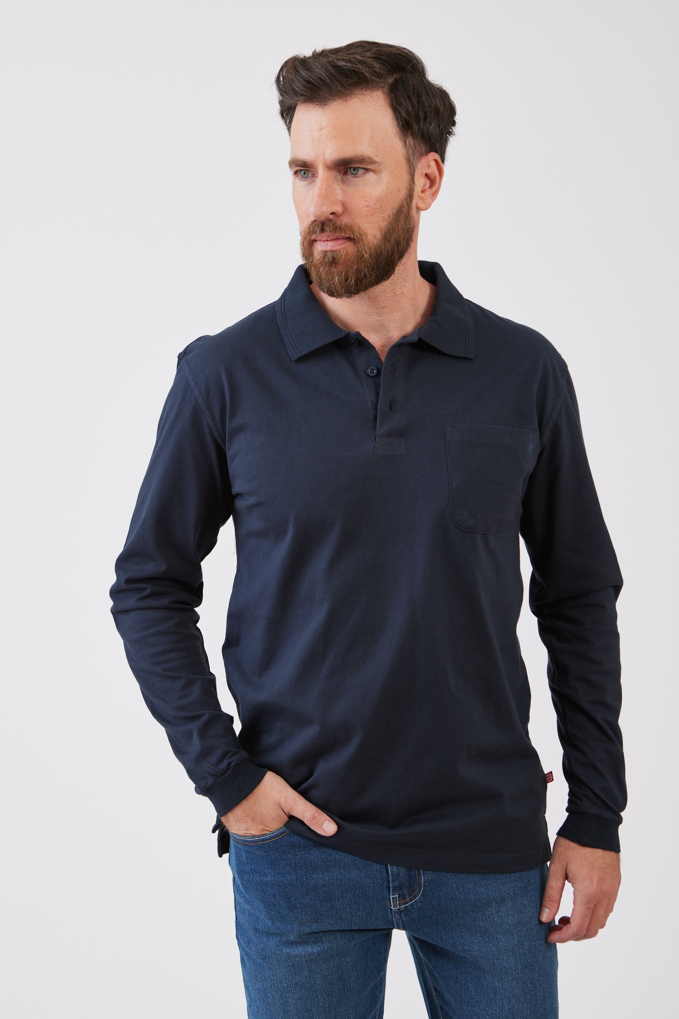 חולצת פולו שרוול ארוך עם כיס כחול כהה WORKER