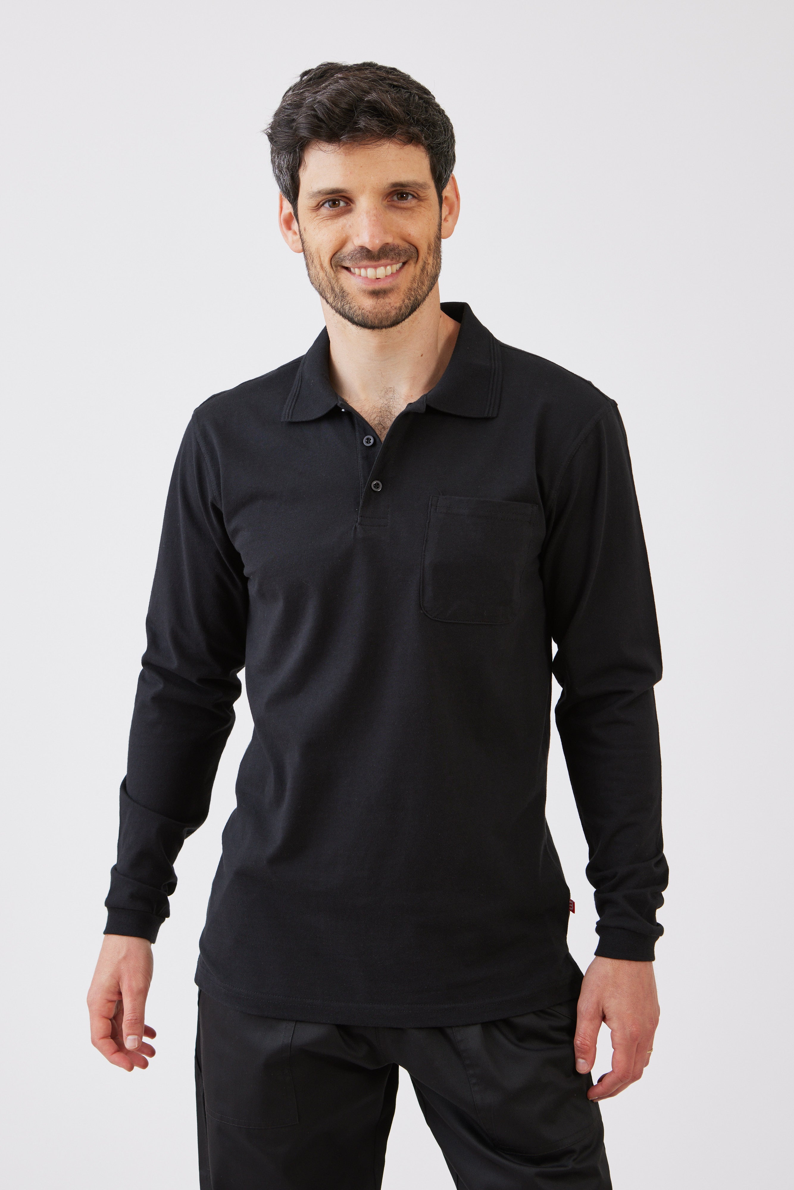 חולצת פולו שרוול ארוך עם כיס - שחור WORKER
