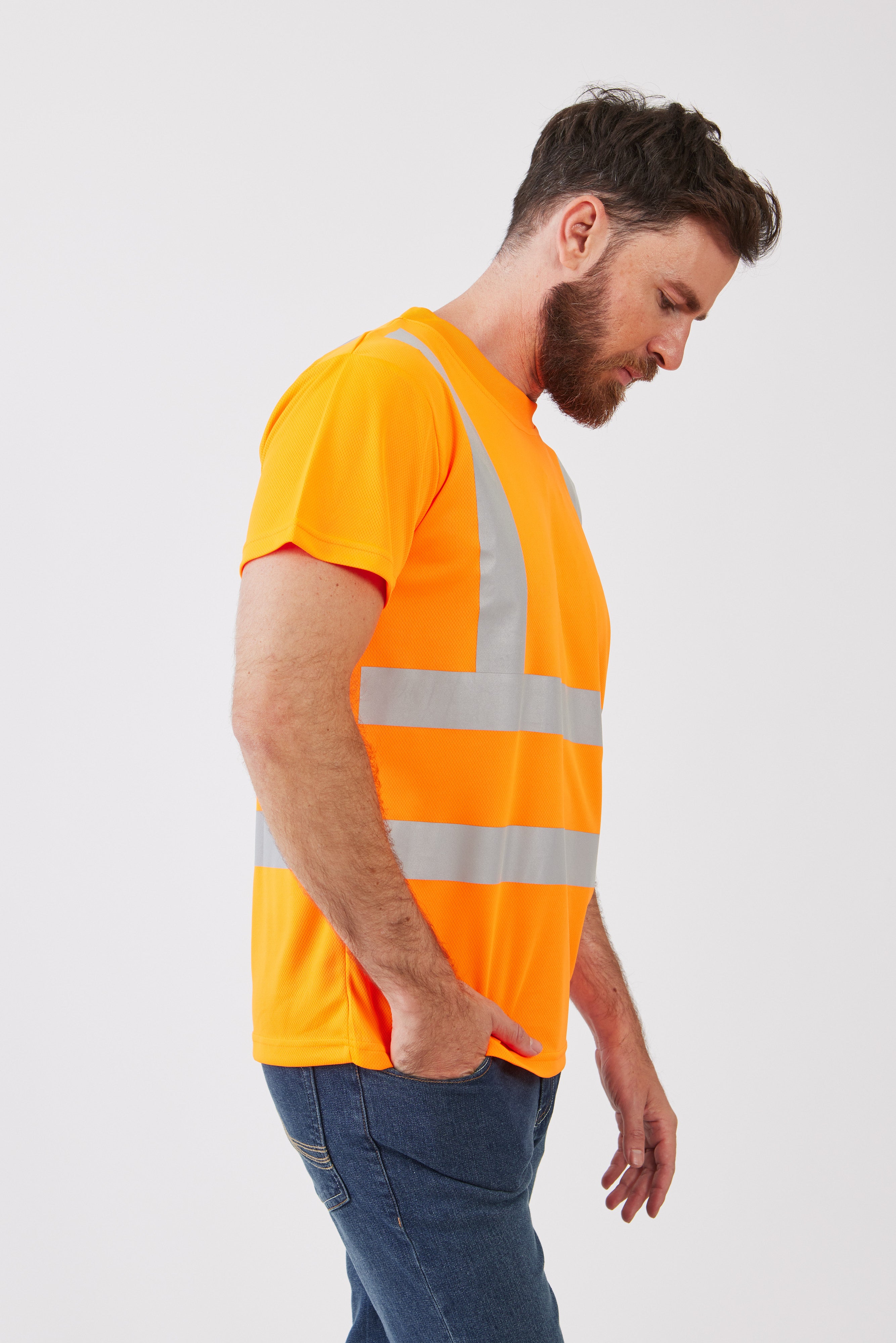 חולצת עבודה דרייפיט עם פסים זוהרים - כתום WORKER