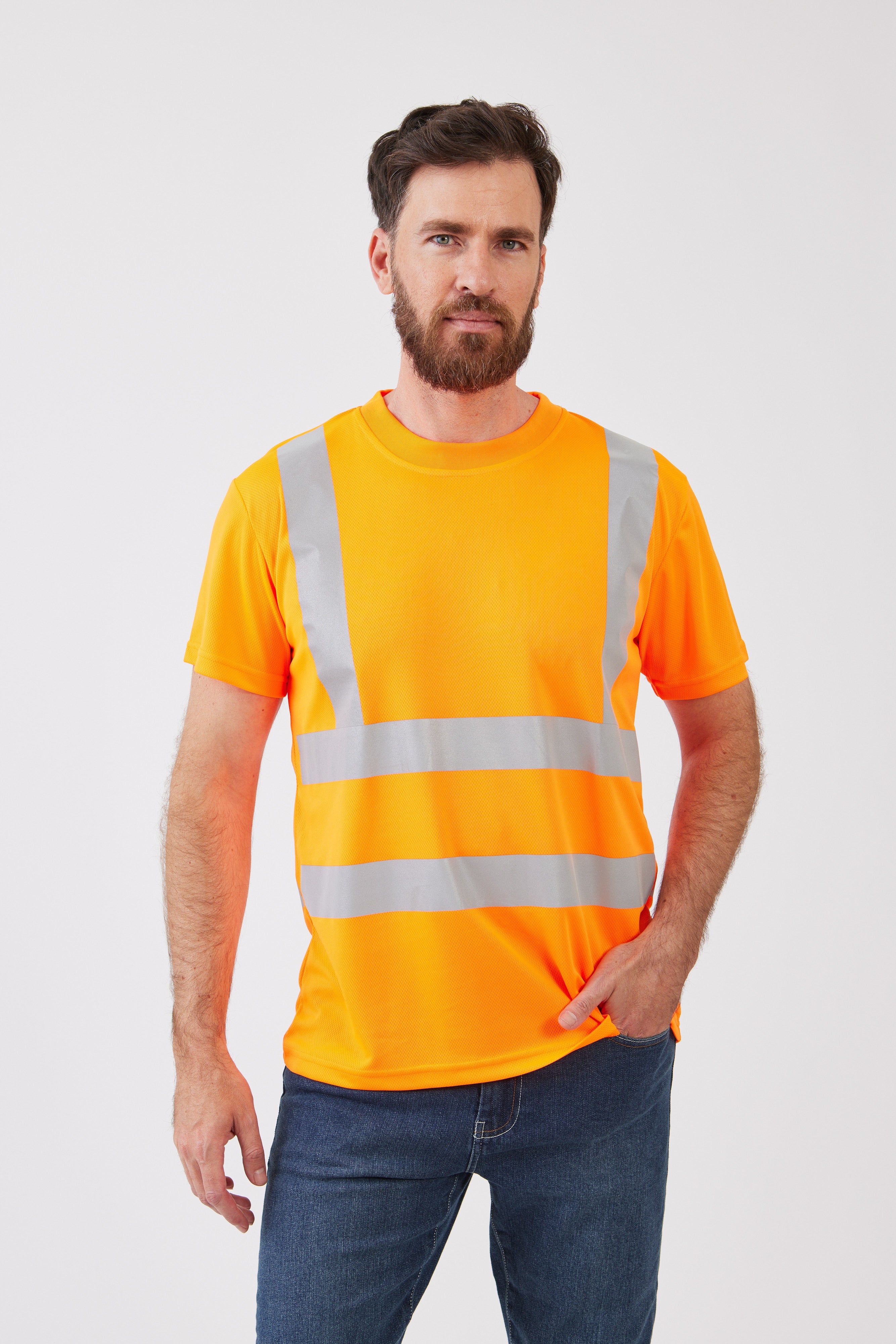 חולצת עבודה דרייפיט עם פסים זוהרים - כתום WORKER