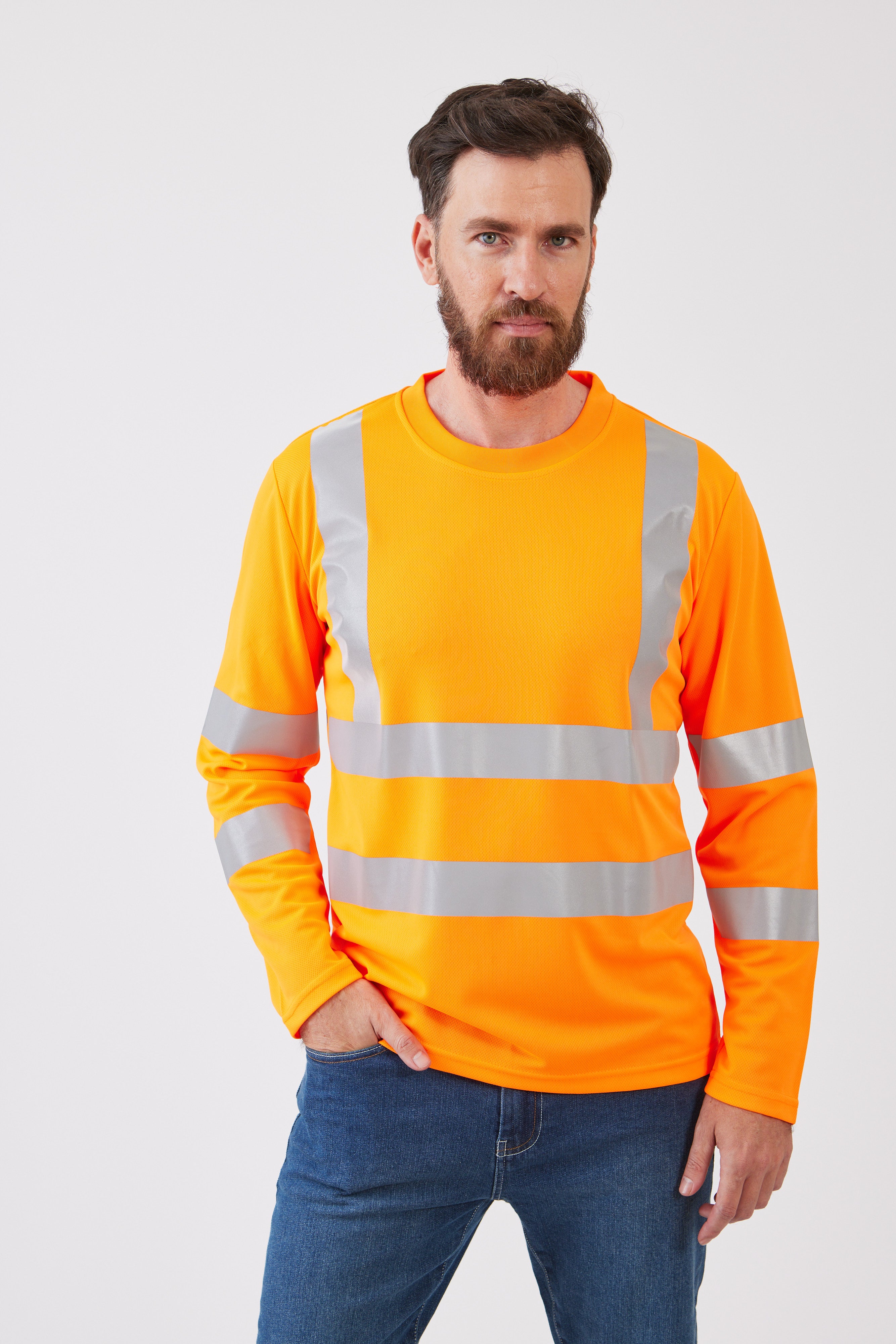 חולצת עבודה עם פסים זוהרים שרוול ארוך - כתום WORKER