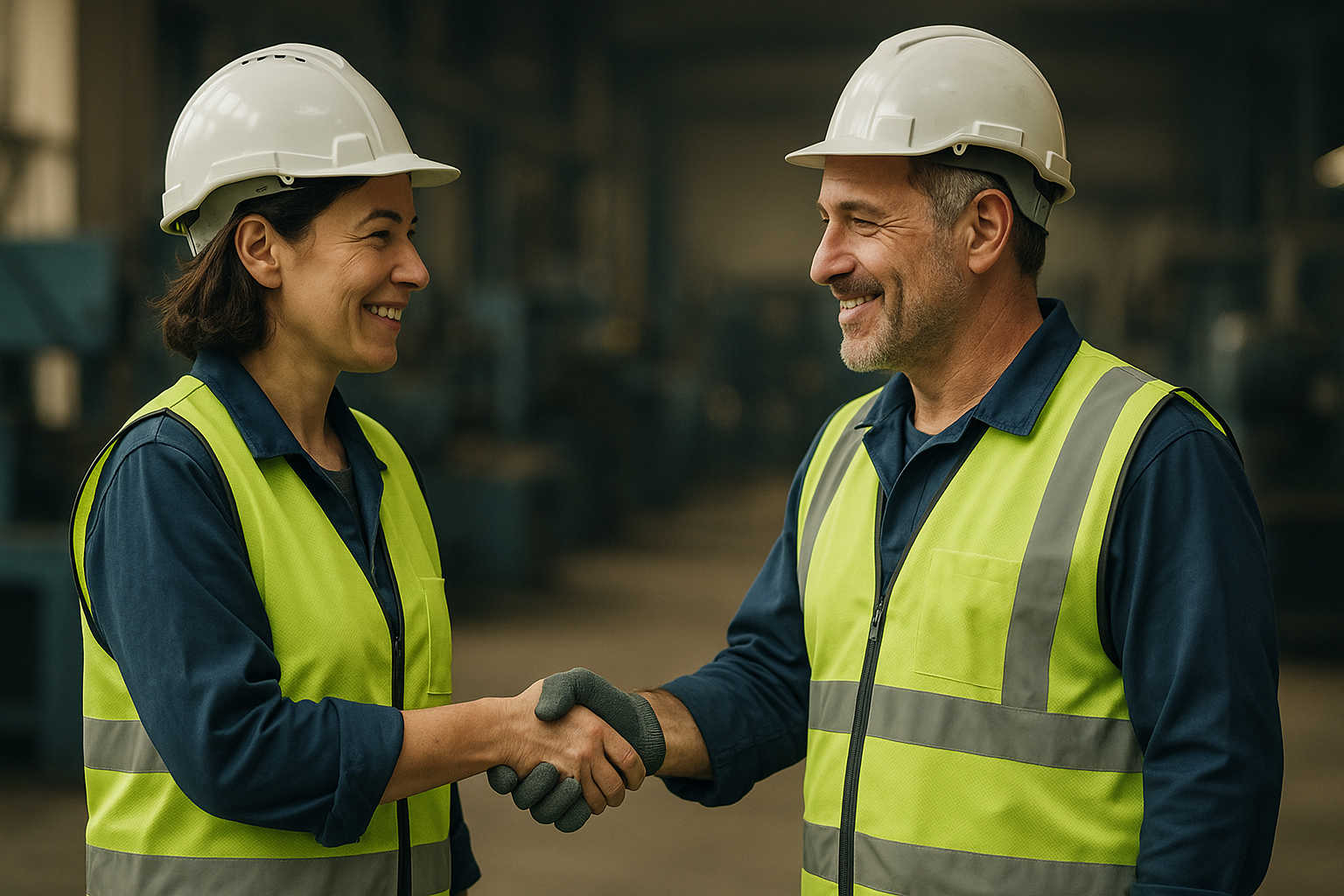 גבר ואישה לוחצים ידיים במפעל