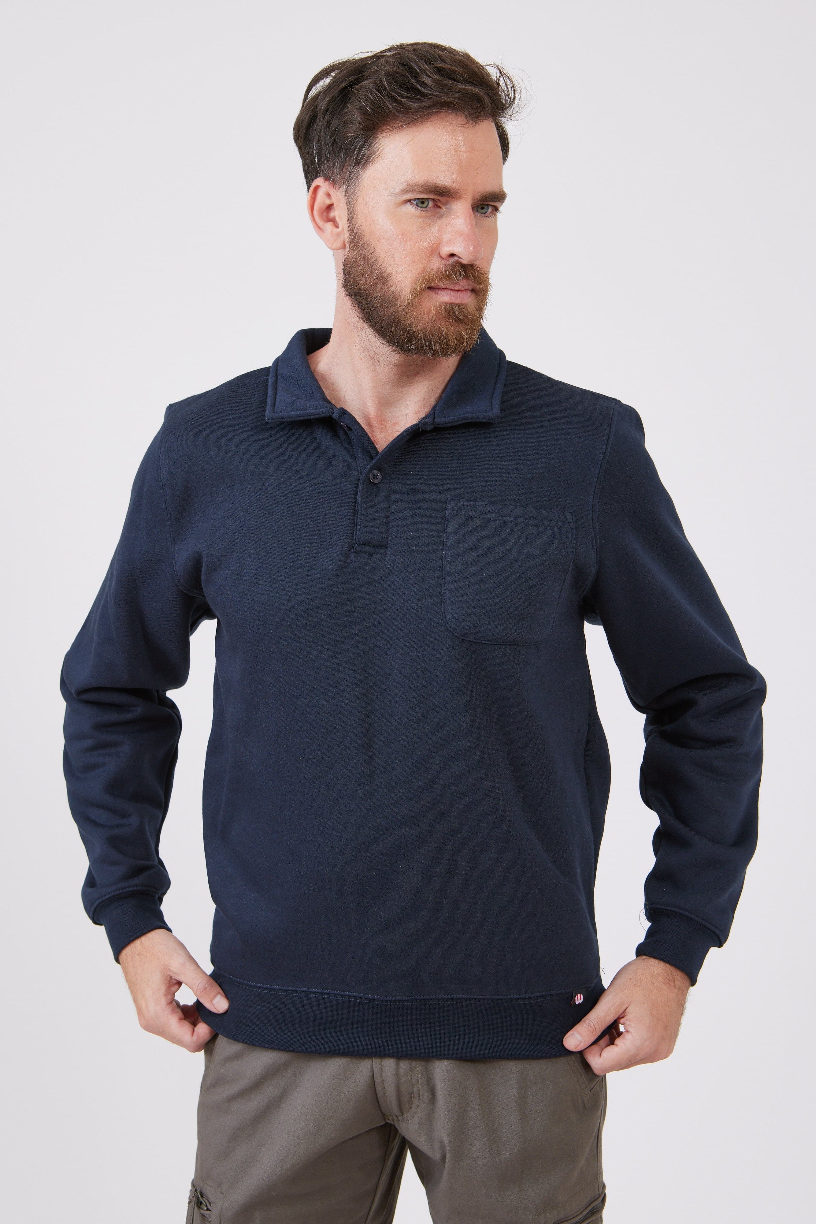 סווטשירט עם צווארון וכיס מידות גדולות - כחול כהה WORKER