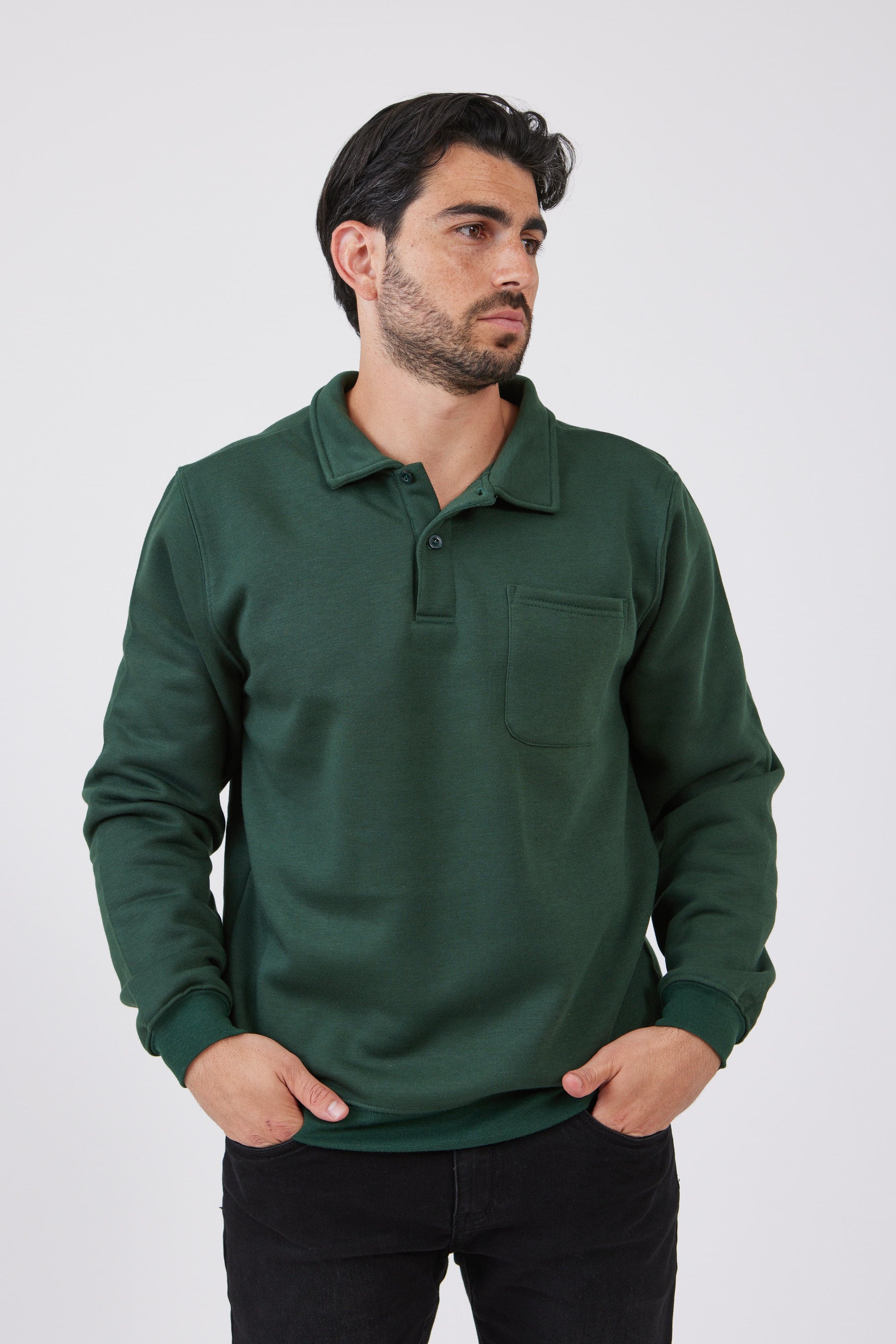 סווטשירט עם צווארון וכיס מידות גדולות - ירוק בקבוק WORKER