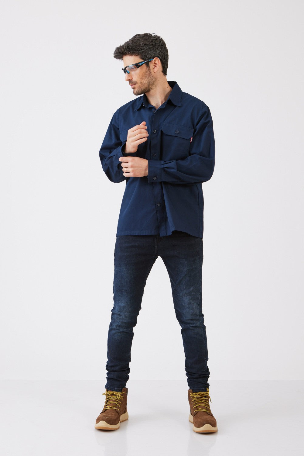 חולצת עבודה כותנה שרוול ארוך - כחול כהה WORKER