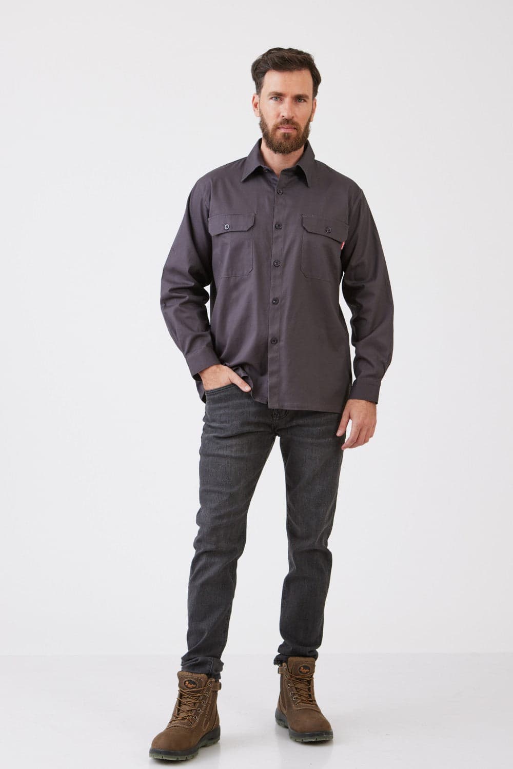 חולצת עבודה כותנה שרוול ארוך - אפור עכבר WORKER