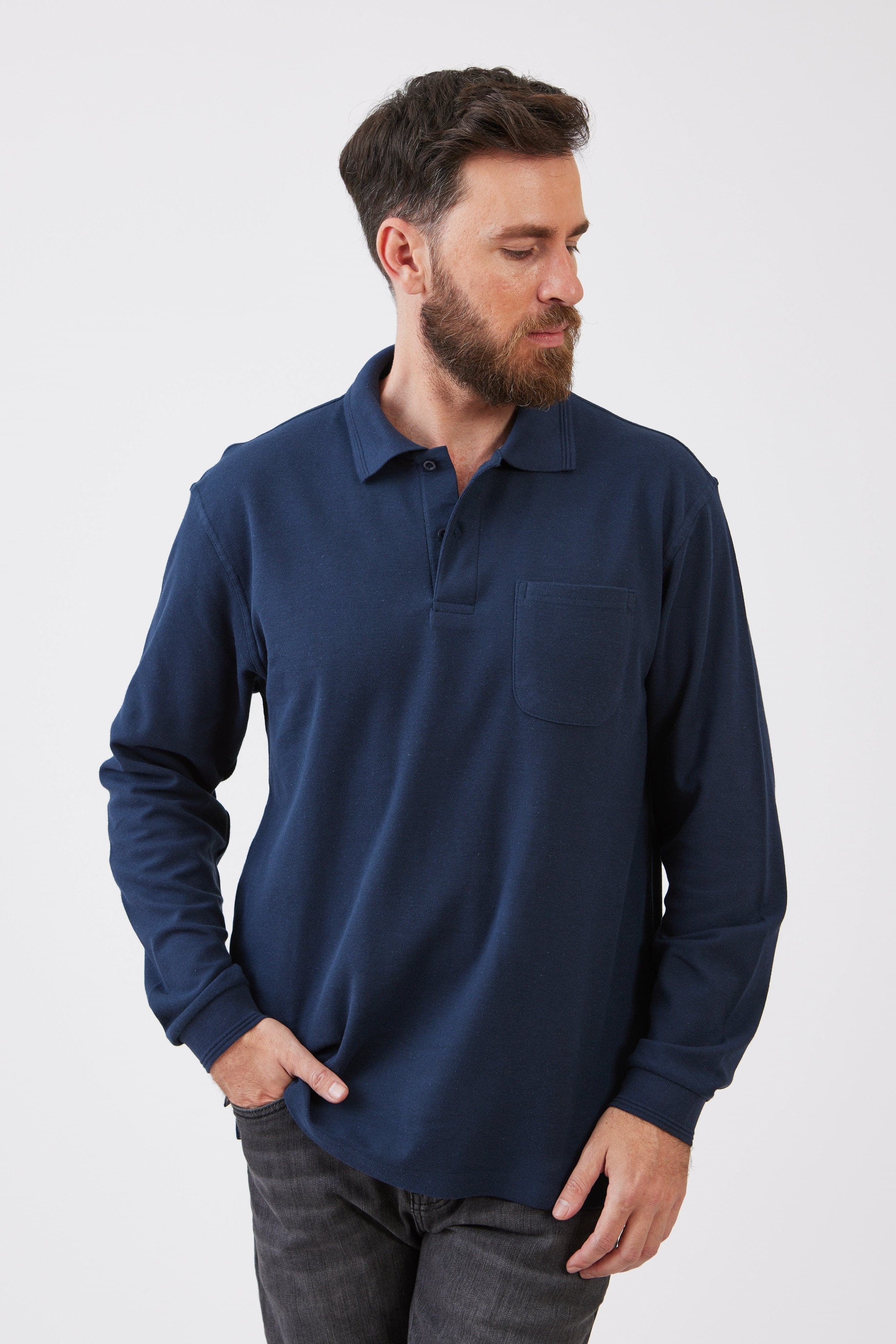 חולצת פולו שרוול ארוך עם כיס מידות גדולות - כחול כהה WORKER