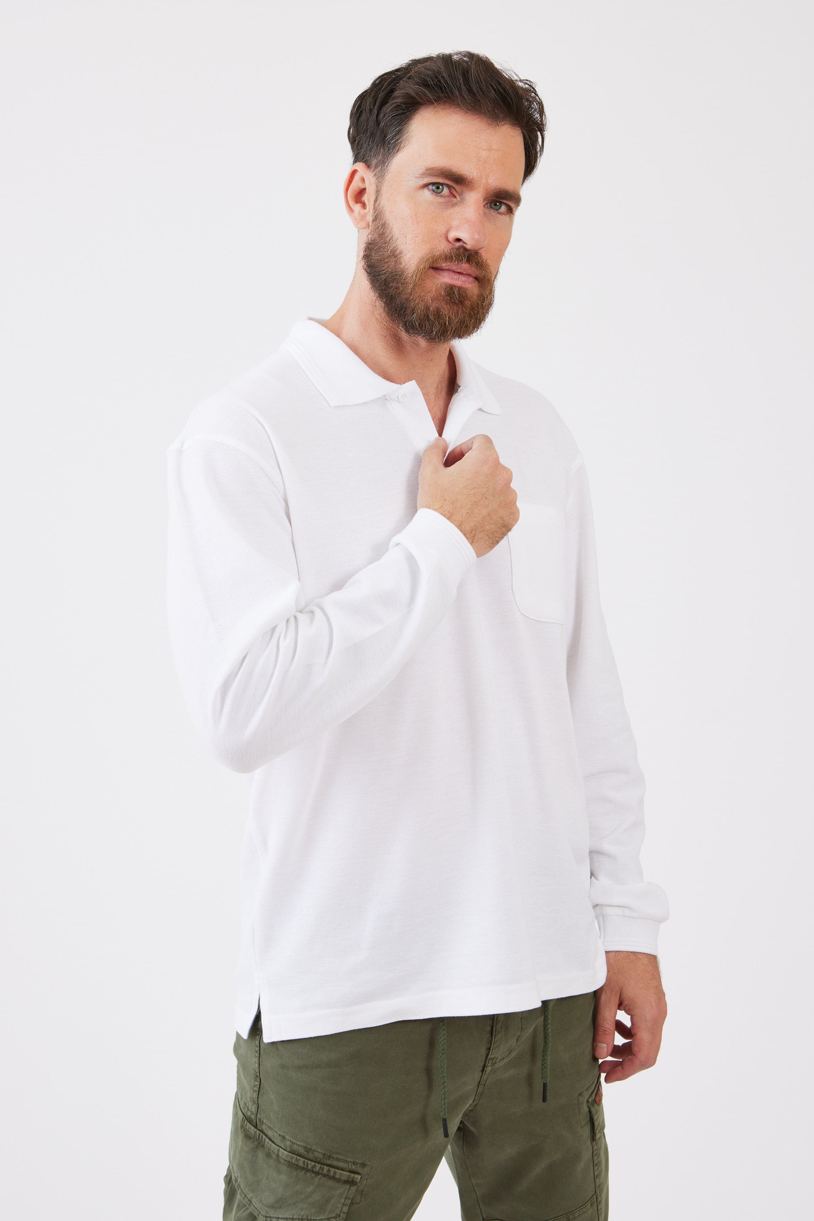 חולצת פולו שרוול ארוך עם כיס - לבן WORKER