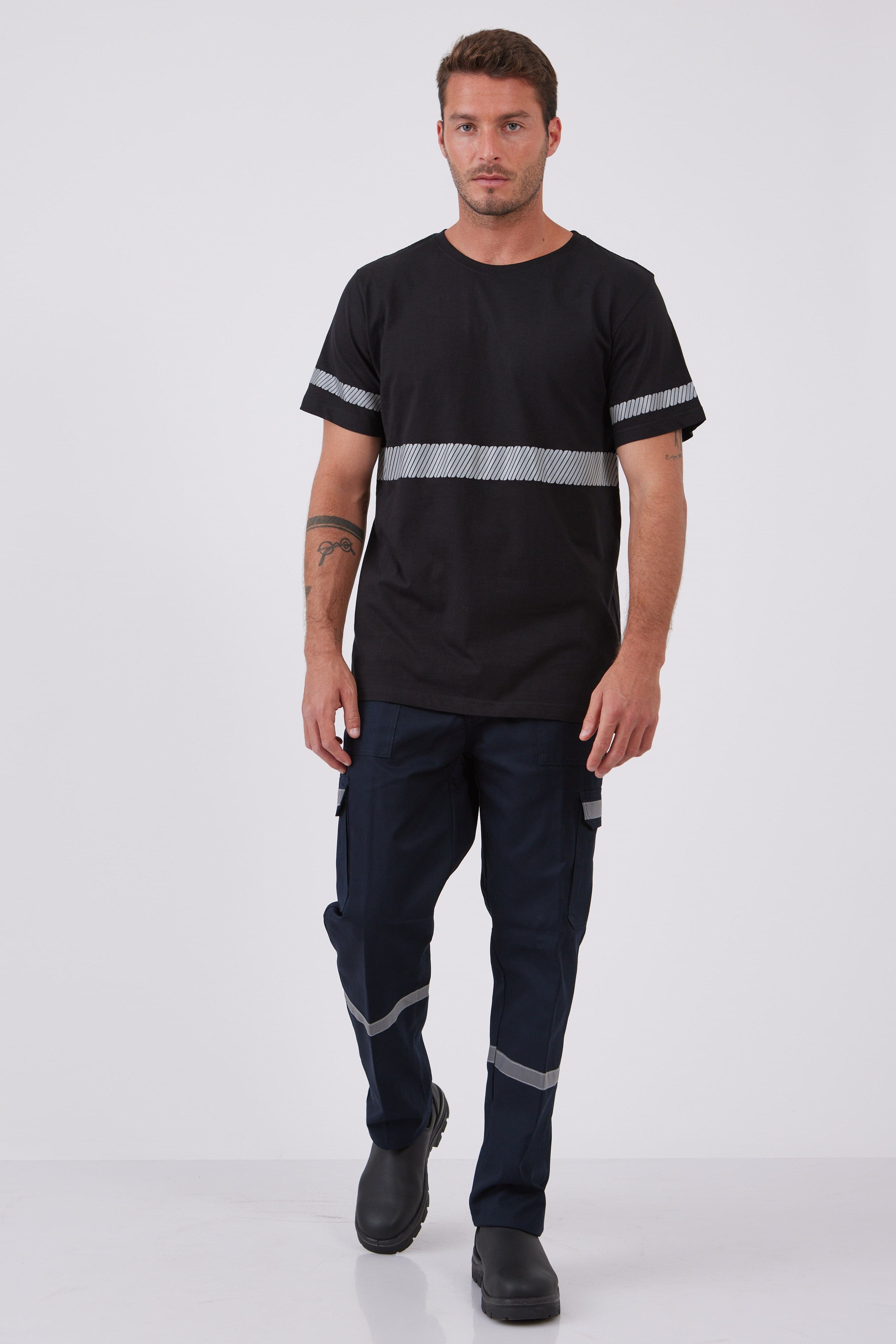 טישירט עם פסים זוהרים - שחור WORKER