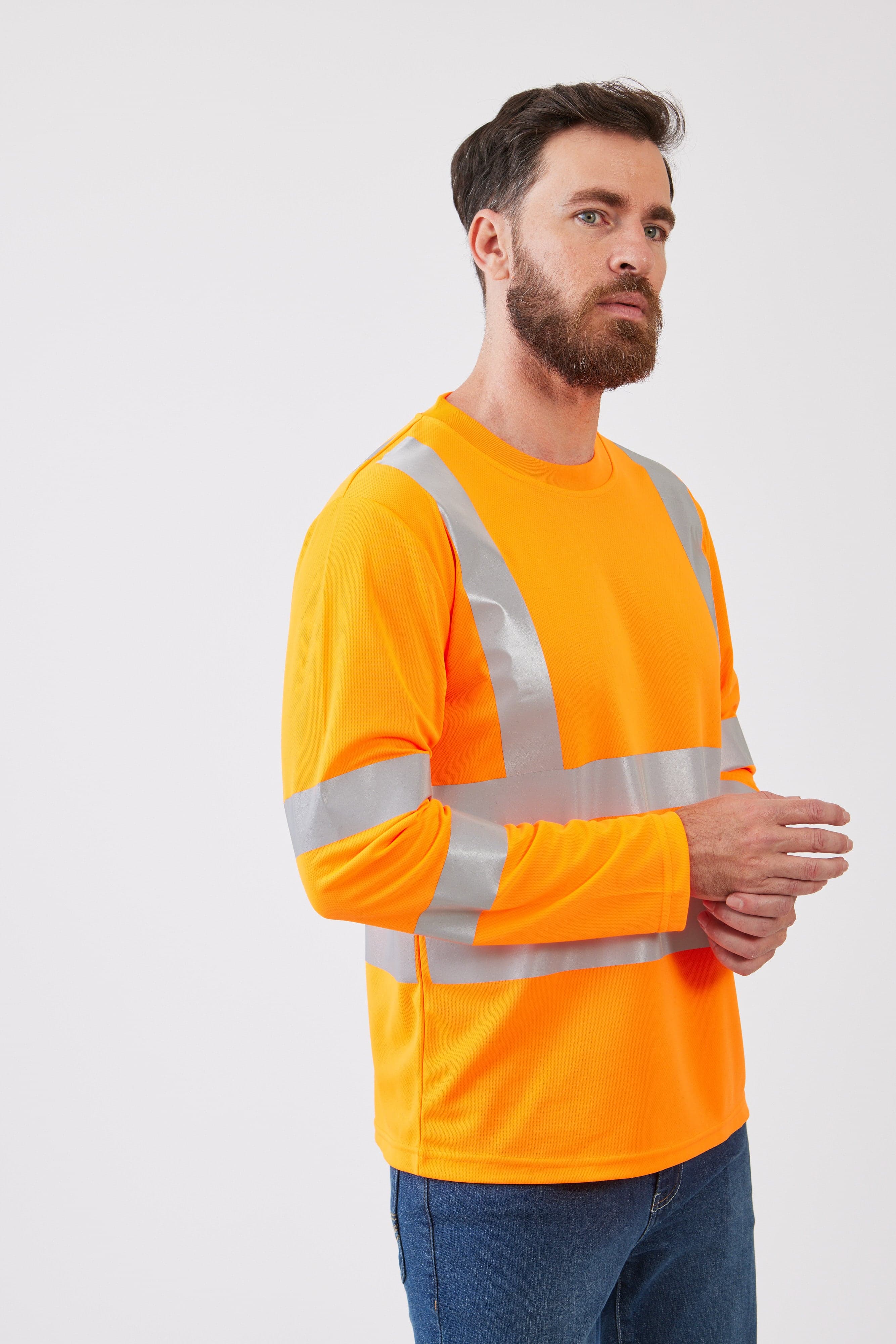 חולצת עבודה עם פסים זוהרים שרוול ארוך - כתום WORKER